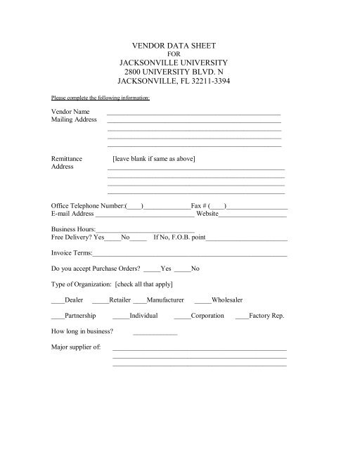 VENDOR DATA SHEET - Jacksonville University