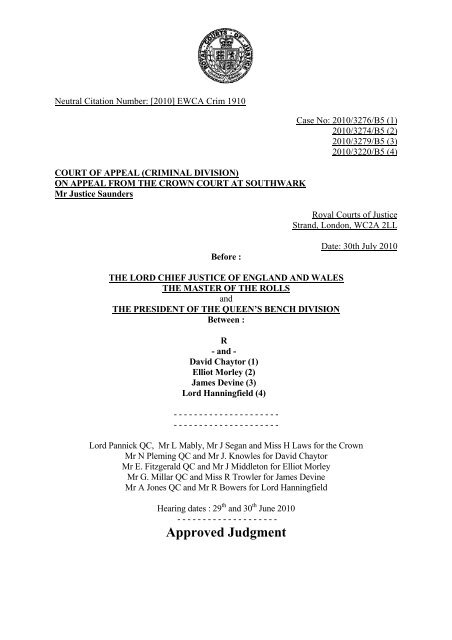 Full judgment: R -v- Morley and others - Judiciary