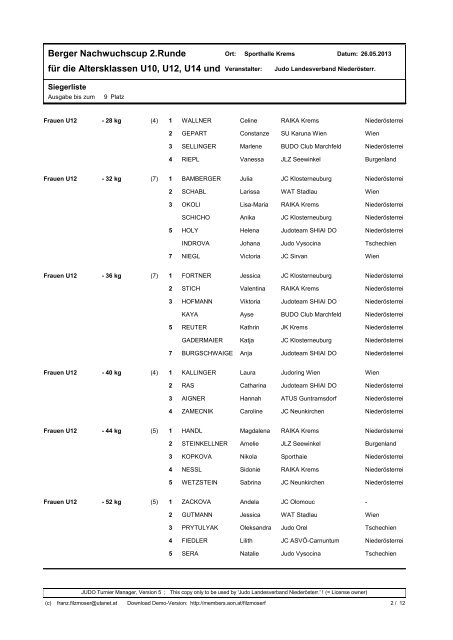 Berger Nachwuchscup 2.Runde fÃ¼r die Altersklassen U10, U12, U14 ...