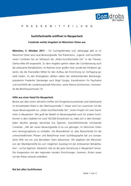 Suchtfachstelle eröffnet in Neuperlach - Condrobs e.v.