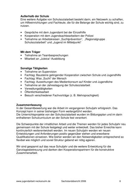 Sachstandsbericht 2006 - Kommunale Jugendarbeit Neckarsulm