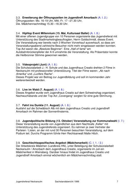 Sachstandsbericht 1999 - Kommunale Jugendarbeit Neckarsulm