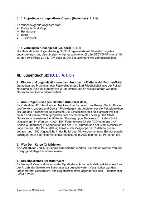 Sachstandsbericht 1999 - Kommunale Jugendarbeit Neckarsulm