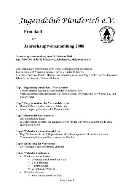 Protokoll 2008 JHV - Jugendclub PÃ¼nderich