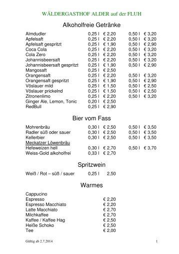 ADLER auf der FLUH - Getrankekarte