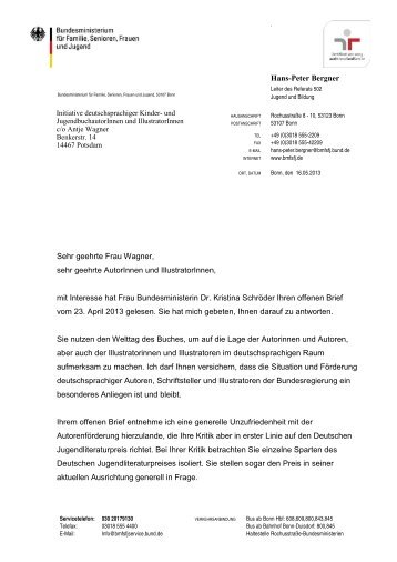 zum Antwortschreiben des BMFSFJ - Arbeitskreis fÃ¼r Jugendliteratur ...