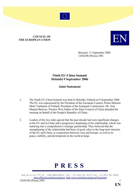Ninth EU-China Summit Helsinki 9 September 2006 Joint Statement