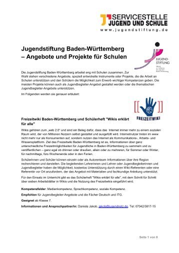 Angebote und Projekt fÃ¼r Schulen der Jugendstiftung Baden