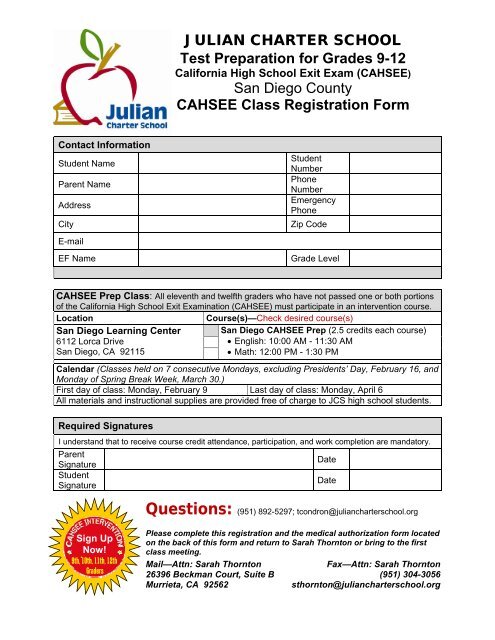 CAHSEE Class Registration Form - Julian Charter School