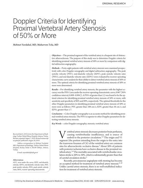 Doppler Criteria for Identifying Proximal Vertebral Artery Stenosis of ...