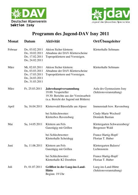 Programm des Jugend-Dav Isny 2011 Monat ... - DAV Sektion Isny