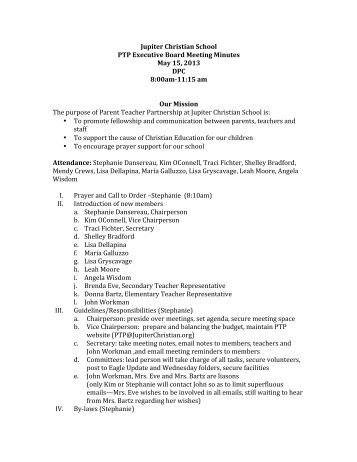 Jupiter Christian School PTP Executive Board Meeting Minutes May ...