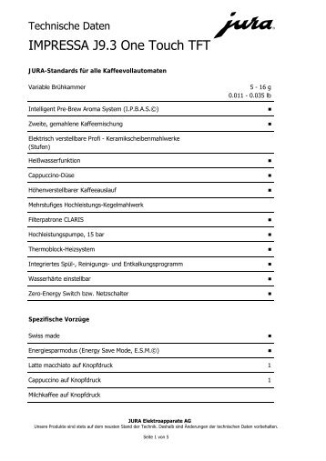 Technische Daten - JURA Kaffeemaschinen