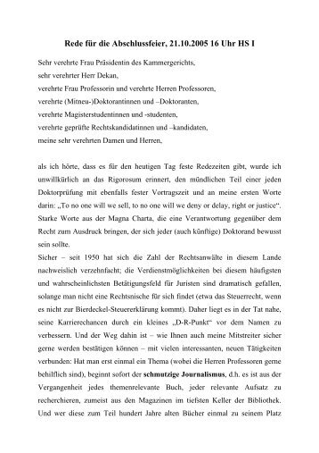 Rede fÃ¼r die Abschlussfeier, 21.10.2005 16 Uhr HS I