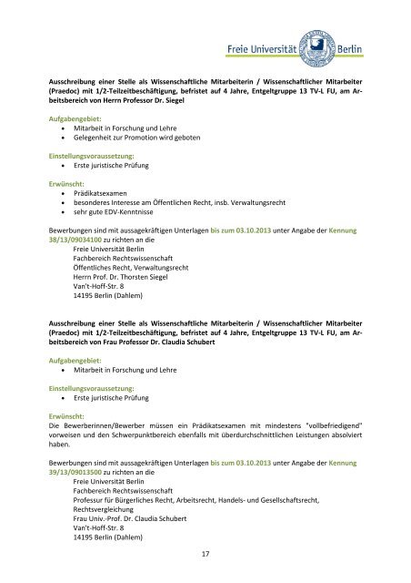 Alumni Newsletter 2/2013 - Fachbereich Rechtswissenschaft - Freie ...