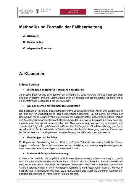 Methodik und Formalia der Fallbearbeitung Universität Tübingen