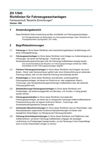 ZH 1/543 Richtlinien für Fahrzeugwaschanlagen