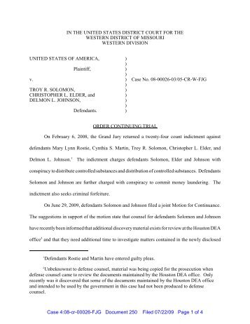 Order granting trial date continuance in Solomon, Johnson, and ...