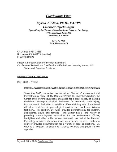 Curriculum Vitae Myrna J. Glick, Ph.D., FABPS ... - JurisPro.com