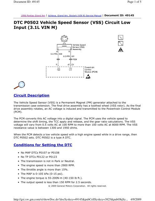 dtc p0502 vehicle speed sensor (vss) circuit low justanswer