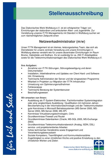 Stellenausschreibung - Diakonie Wolfsburg