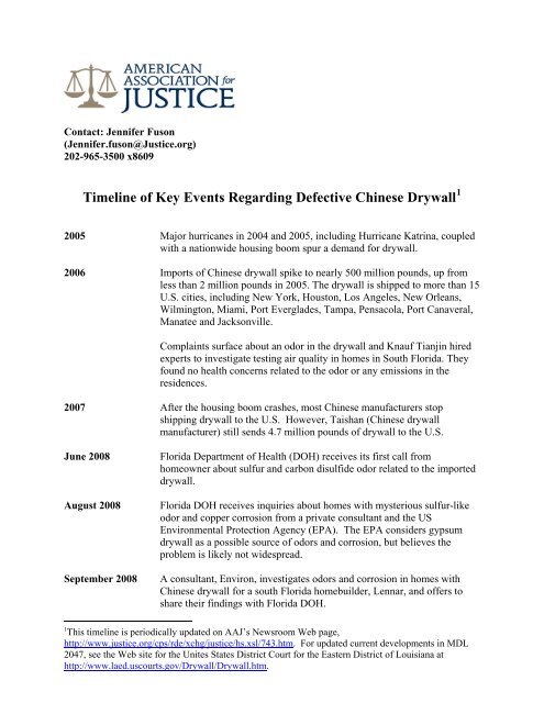 Timeline of Key Events Regarding Defective Chinese Drywall