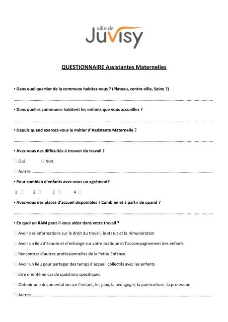 QUESTIONNAIRE Assistantes Maternelles - Ville de Juvisy-sur-Orge