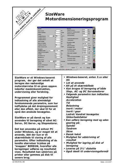 SizeWare Motordimensioneringsprogram - JVL Industri Elektronik A/S