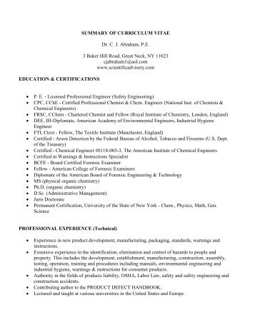 SUMMARY OF CURRICULUM VITAE Dr. CJ Abraham, PE 3 ... - JVRA