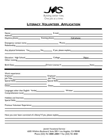 LITERACY VOLUNTEER APPLICATION - Jewish Vocational Service