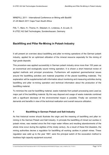 Backfilling and Pillar Re-Mining in Potash Industry - K-UTEC AG Salt ...