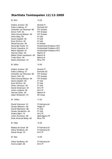 Startlista Tomtespelen 12/12-2009 - KA 2 IF - Friidrott