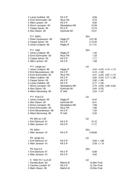 Resultat Rosenbomspelen 19-20 juni 2010 - KA 2 IF - Friidrott