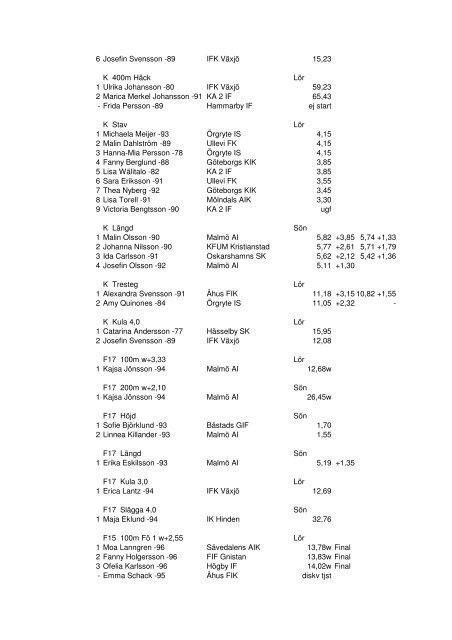 Resultat Rosenbomspelen 19-20 juni 2010 - KA 2 IF - Friidrott