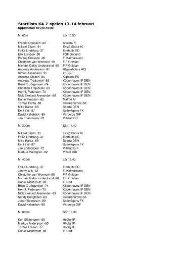 Startlista KA 2-spelen 13-14 februari - KA 2 IF - Friidrott