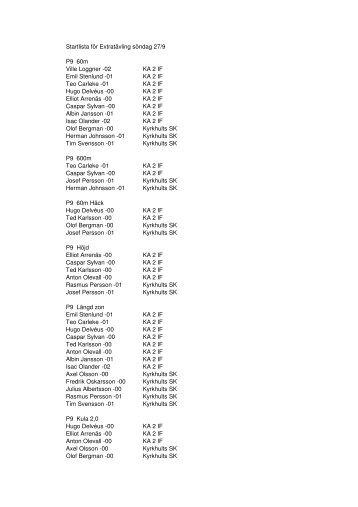 Startlista för Extratävling söndag 27/9 P9 60m ... - KA 2 IF - Friidrott
