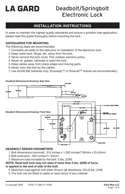 Deadbolt Springbolt Electronic Lock Kaba Mauer Gmbh