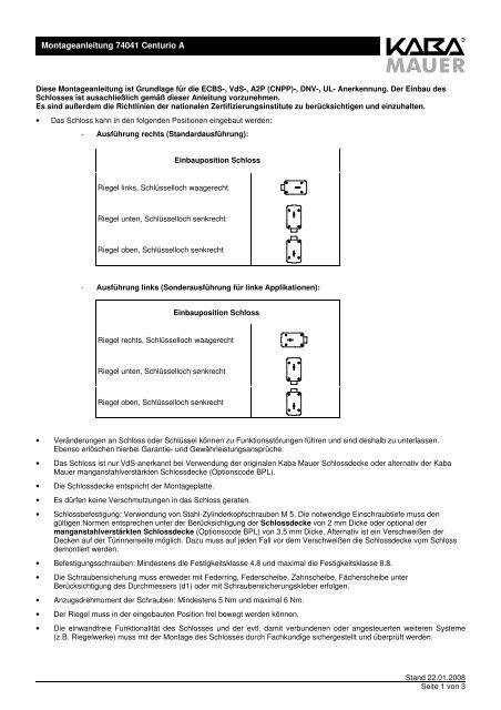 Montageanleitung 74041 Centurio A - Kaba Mauer GmbH