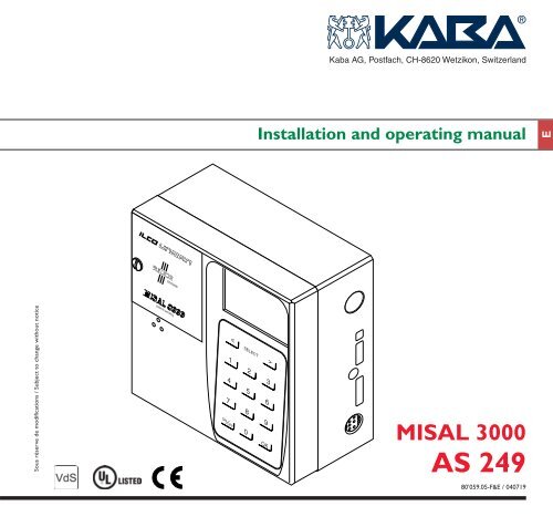 Installation And Operating Manual Kaba Mauer Gmbh