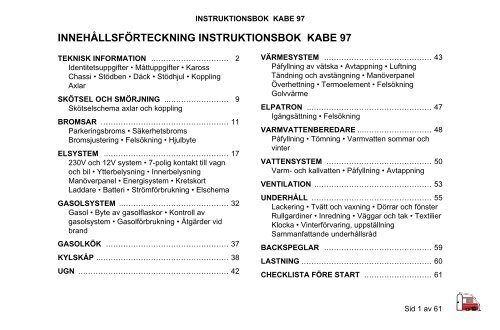 innehållsförteckning instruktionsbok kabe 97