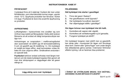 innehållsförteckning instruktionsbok kabe 97