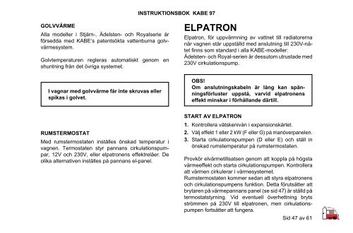 innehållsförteckning instruktionsbok kabe 97