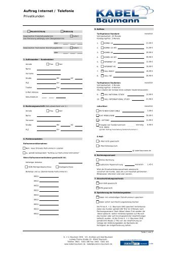 Auftragsformular Internet- und Telefon - Kabel Baumann