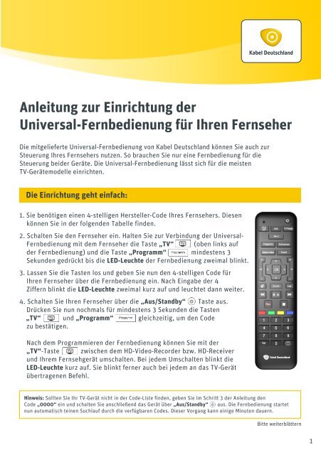 Anleitung zur Einrichtung der Universal-Fernbedienung - Kabel ...