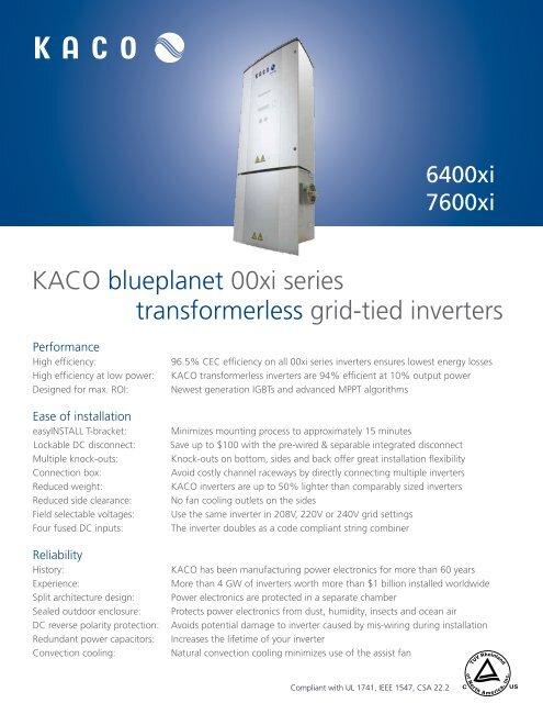 KACO blueplanet 00xi series transformerless grid-tied inverters
