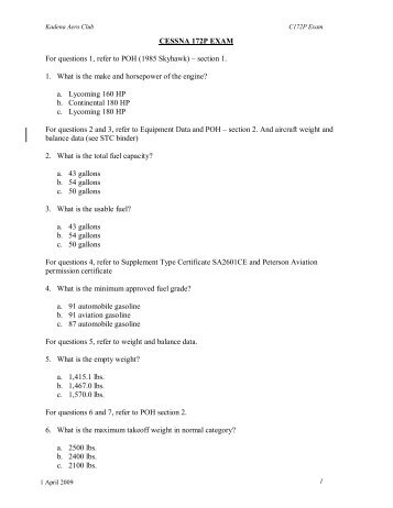 CESSNA 172P EXAM For questions 1, refer to POH (1985 Skyhawk ...