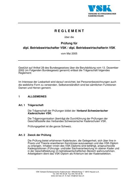 Reglement (PDF) - Verband Schweizerischer Kaderschulen