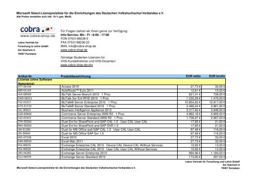 Microsoft Select-Lizenzpreisliste für die ... - bei cobra-Shop