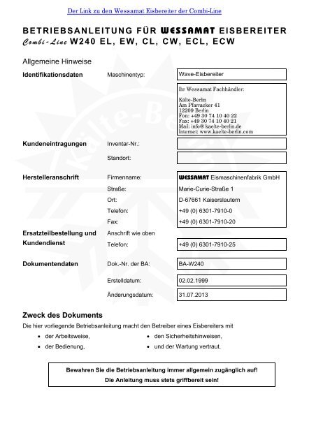 Wessamat Combi Line W240 Serie Bedienungsanleitung - Kälte Berlin