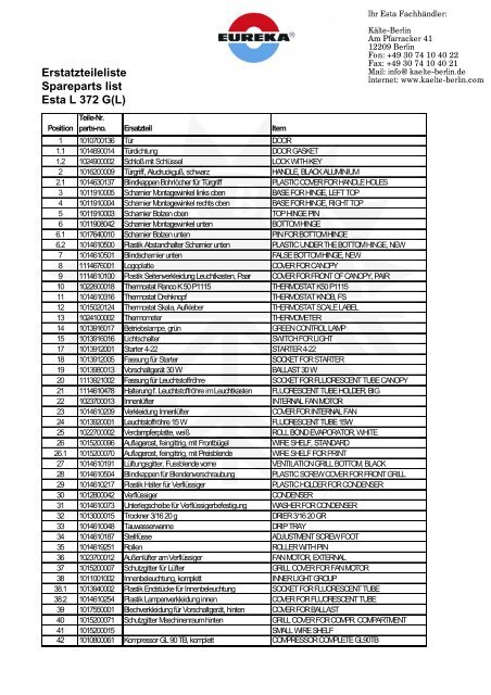 Esta Glastürkühlschrank L372GL Ersatzteilliste - Kälte Berlin